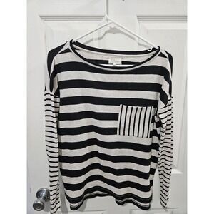 Lou & Grey Striped Long Sleeve Pocket Tee Black Grey Small Relaxed Fit Top